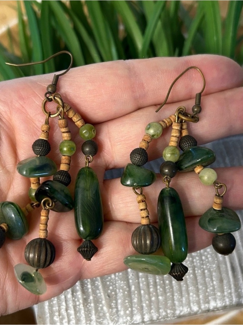 Green mixed materials Beaded Dangle Earrings wood acrylic metal